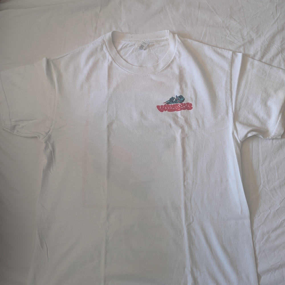 White Graphic T-Shirt with Red and Blue Design